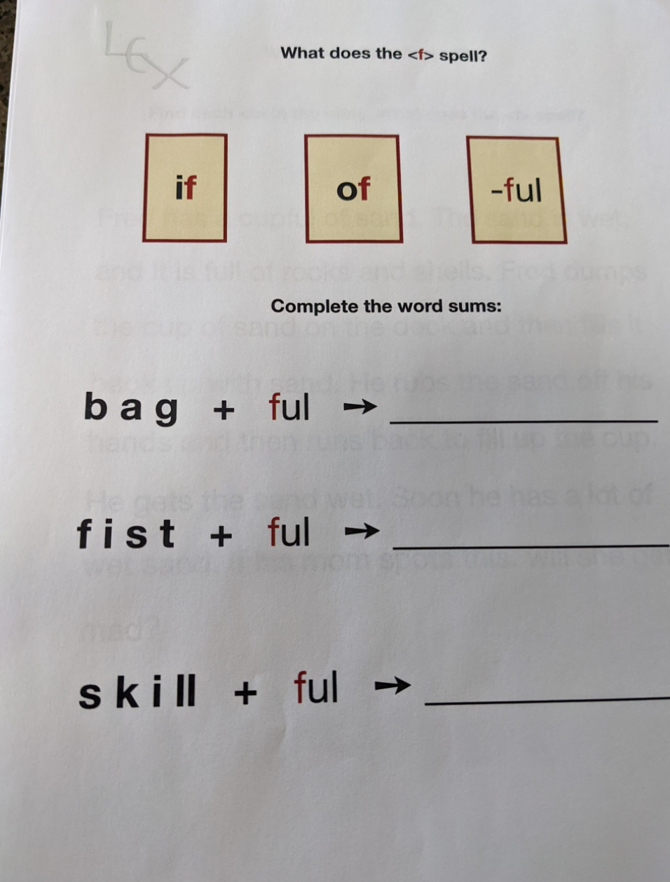 Activity comparing the letter <f> in if, of, and <-ful>.